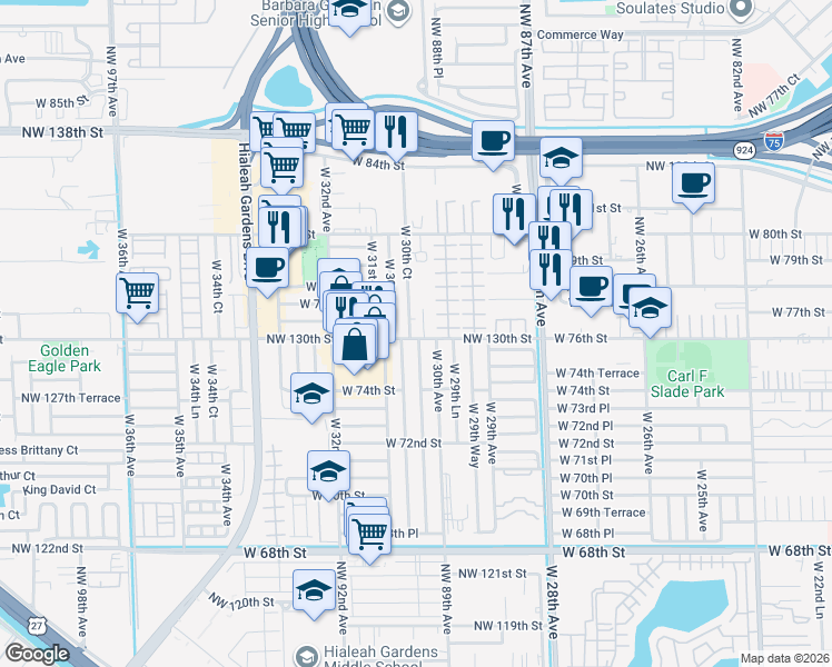 map of restaurants, bars, coffee shops, grocery stores, and more near 7593 West 30th Court in Hialeah