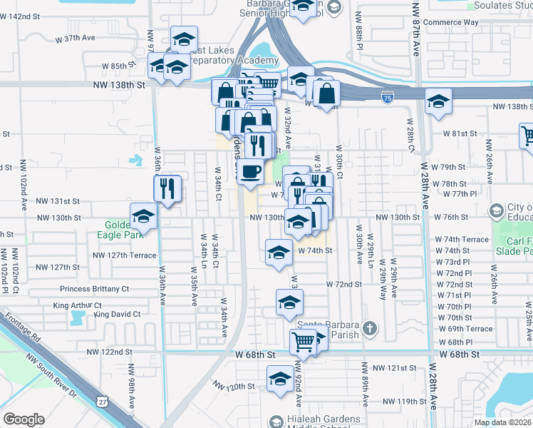 map of restaurants, bars, coffee shops, grocery stores, and more near None in Hialeah