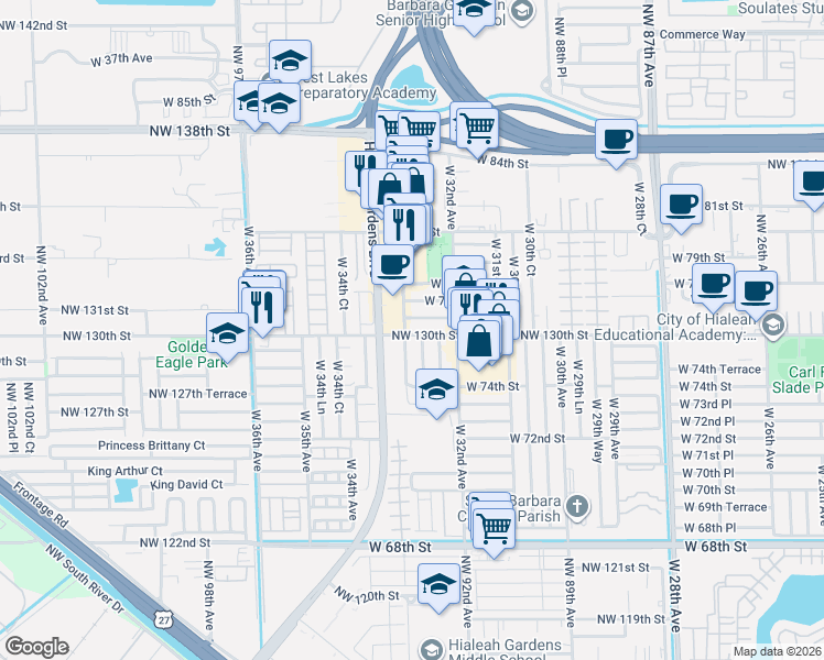 map of restaurants, bars, coffee shops, grocery stores, and more near 3330 West 76th Street in Hialeah