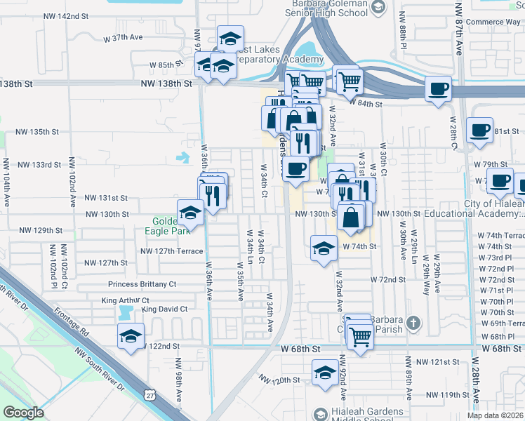 map of restaurants, bars, coffee shops, grocery stores, and more near 7601 West 34th Court in Hialeah