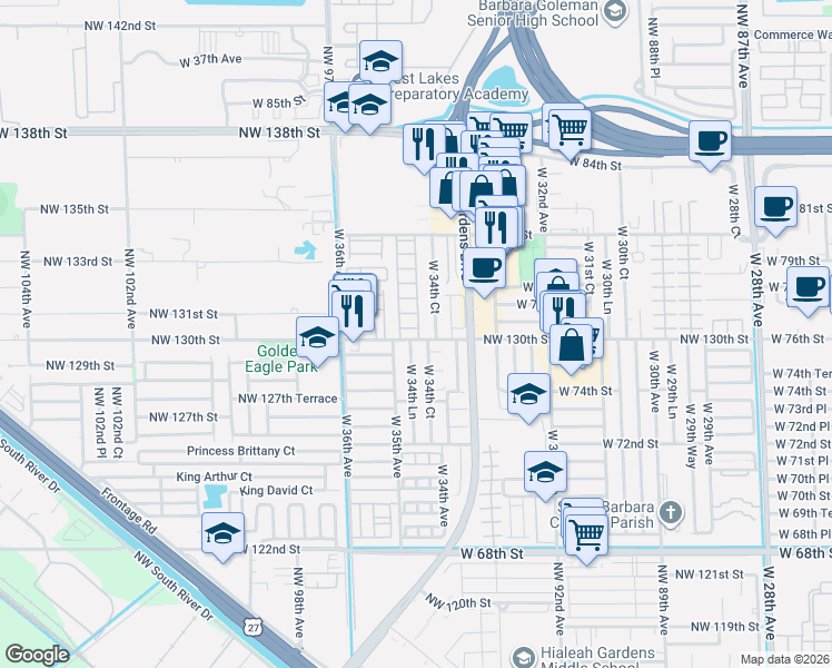 map of restaurants, bars, coffee shops, grocery stores, and more near 7594 West 34th Lane in Hialeah