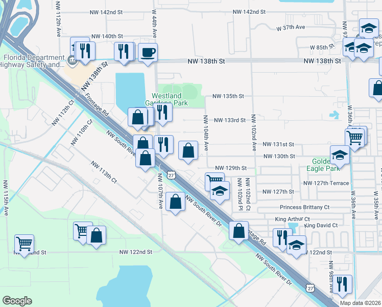 map of restaurants, bars, coffee shops, grocery stores, and more near 10485 Northwest 130th Street in Hialeah Gardens