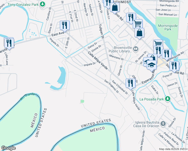 map of restaurants, bars, coffee shops, grocery stores, and more near 48 San Eugenio Street in Brownsville