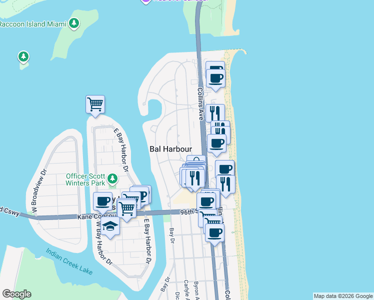 map of restaurants, bars, coffee shops, grocery stores, and more near 120 Park Drive in Bal Harbour