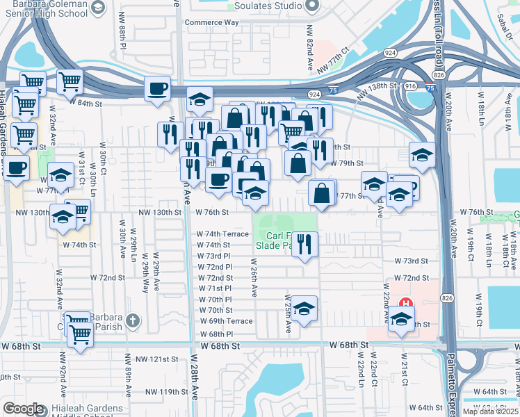 map of restaurants, bars, coffee shops, grocery stores, and more near 2589 West 76th Street in Hialeah