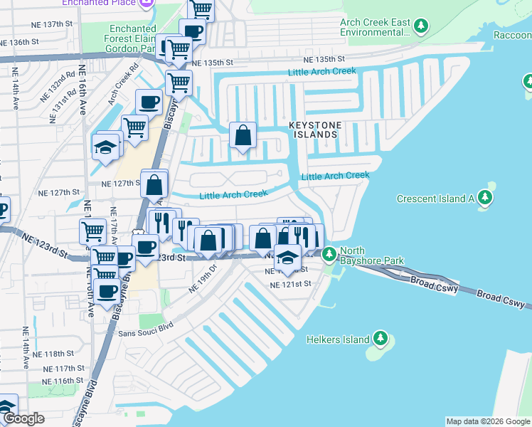 map of restaurants, bars, coffee shops, grocery stores, and more near 2075 Alamanda Dr in North Miami