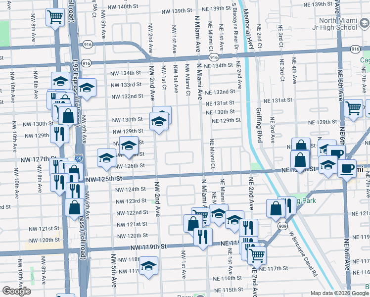 map of restaurants, bars, coffee shops, grocery stores, and more near 55 Northwest 127th Street in North Miami
