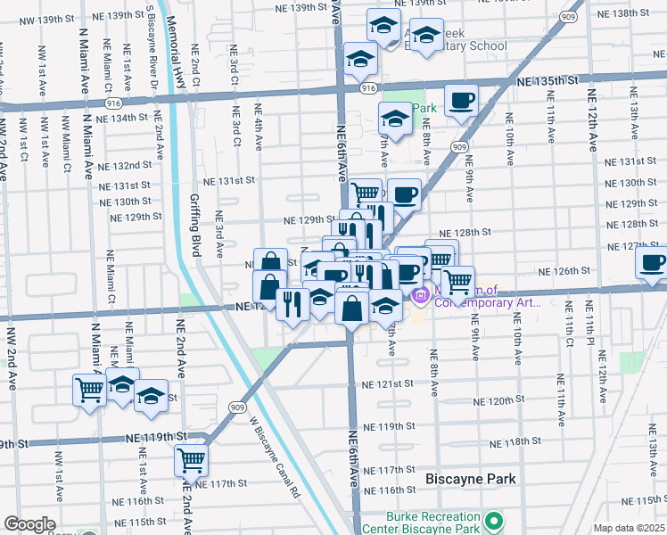 map of restaurants, bars, coffee shops, grocery stores, and more near 580 Northeast 127th Street in North Miami