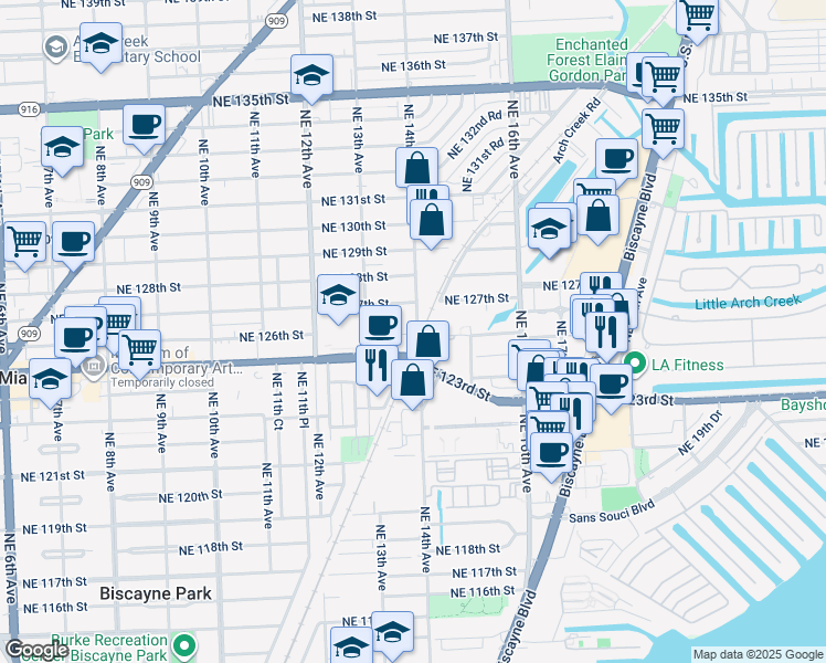 map of restaurants, bars, coffee shops, grocery stores, and more near 12512 Northeast 14th Avenue in North Miami