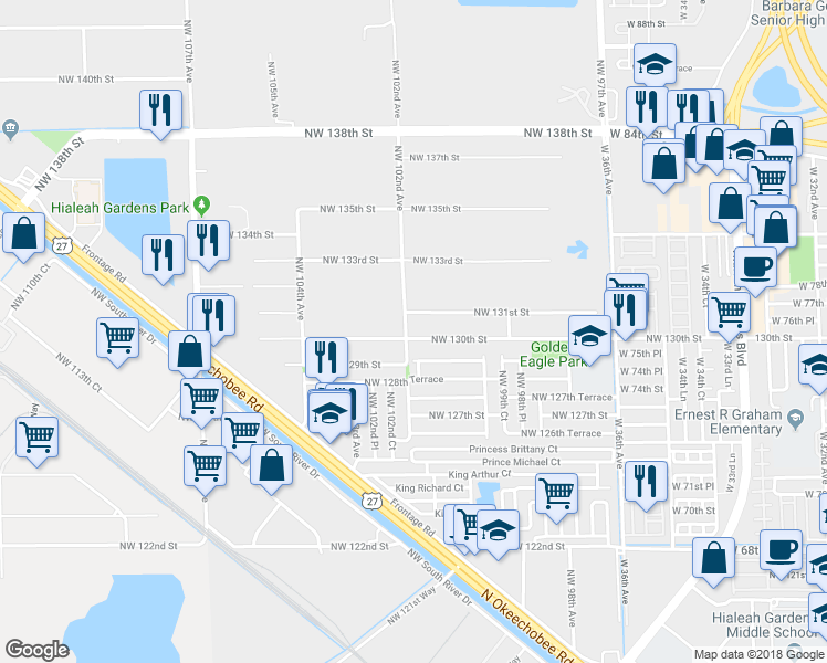 map of restaurants, bars, coffee shops, grocery stores, and more near 10199 Northwest 130th Street in Hialeah