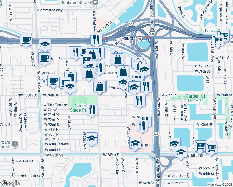 map of restaurants, bars, coffee shops, grocery stores, and more near 2265 West 76th Street in Hialeah