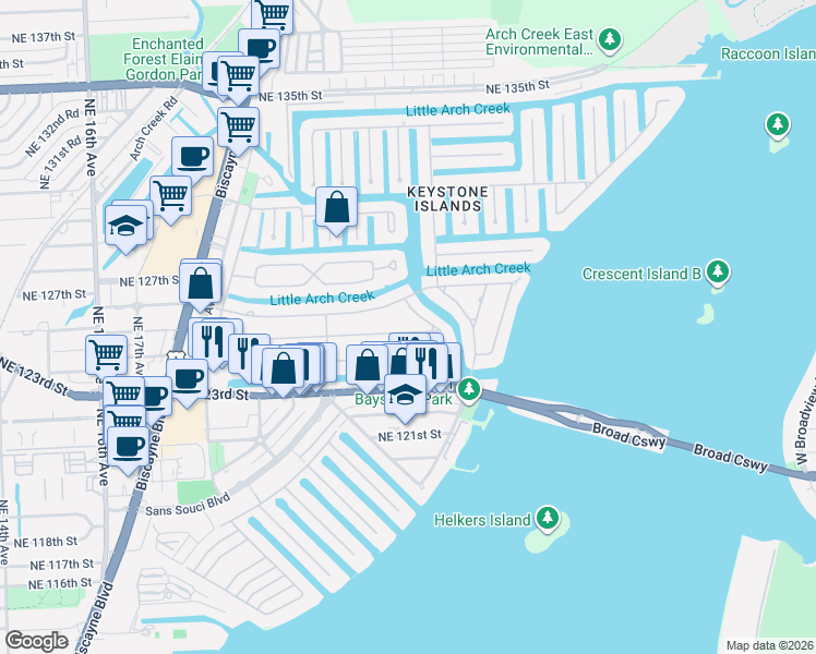 map of restaurants, bars, coffee shops, grocery stores, and more near 2130 Alamanda Drive in North Miami