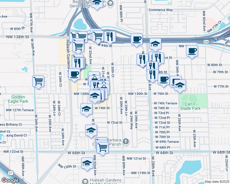 map of restaurants, bars, coffee shops, grocery stores, and more near 7593 West 30th Court in Hialeah