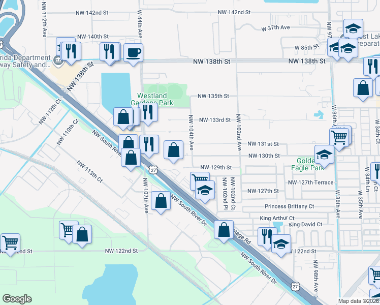 map of restaurants, bars, coffee shops, grocery stores, and more near 10401 Northwest 130th Street in Hialeah