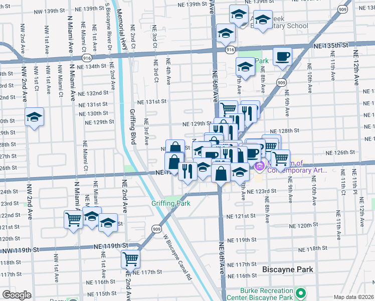 map of restaurants, bars, coffee shops, grocery stores, and more near 12605 Northeast 5th Avenue in North Miami