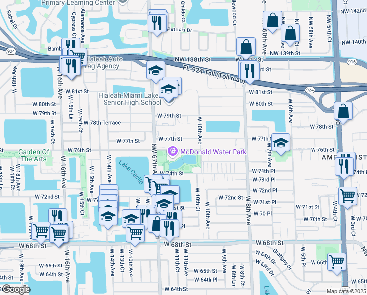 map of restaurants, bars, coffee shops, grocery stores, and more near 1065 West 76th Street in Hialeah