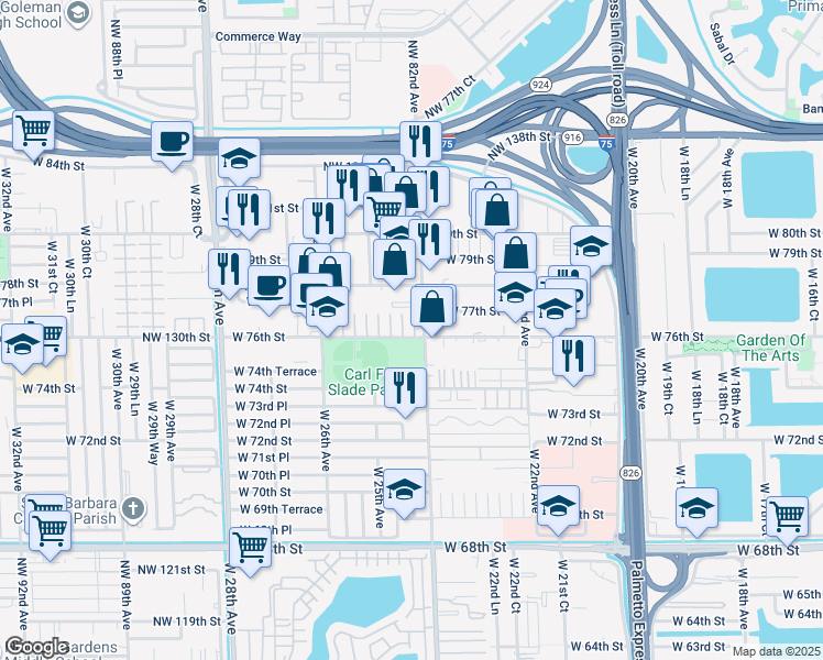 map of restaurants, bars, coffee shops, grocery stores, and more near 211 West 21st Avenue in Hialeah