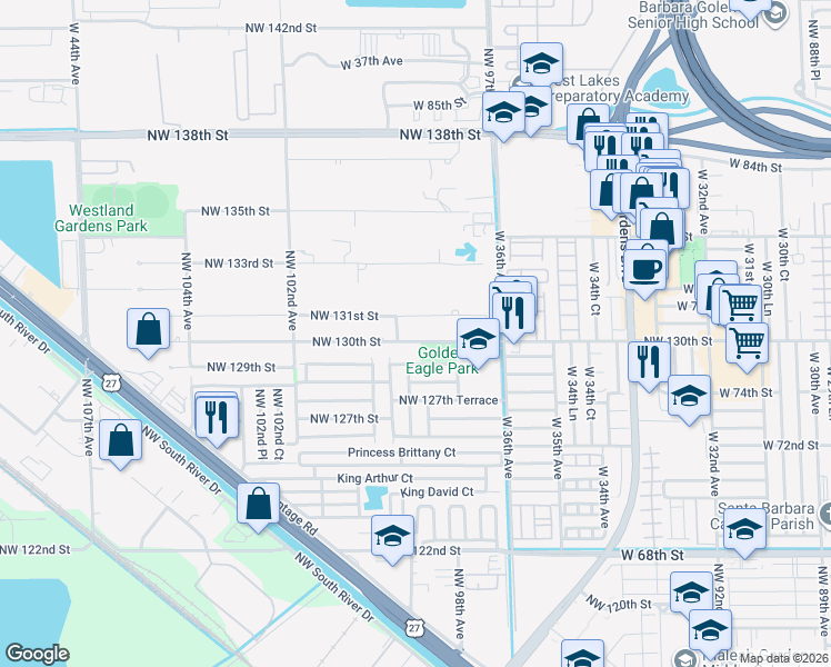 map of restaurants, bars, coffee shops, grocery stores, and more near 9881 Northwest 130th Street in Hialeah