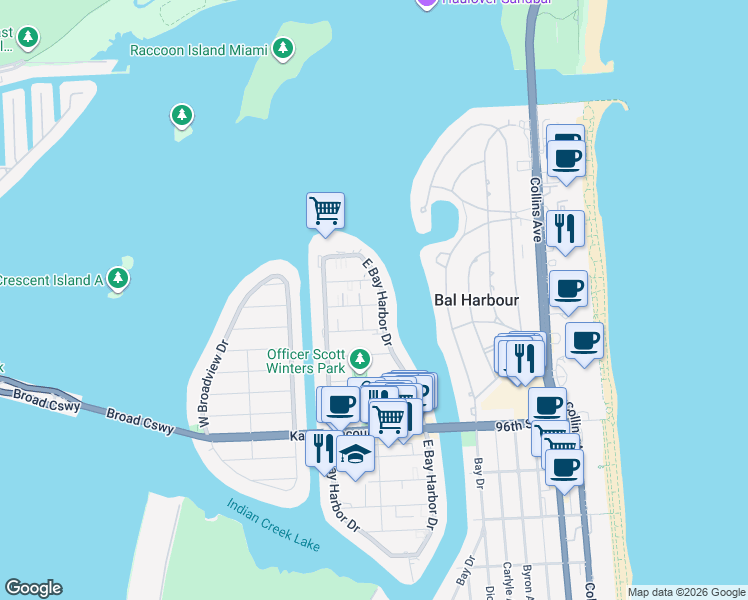 map of restaurants, bars, coffee shops, grocery stores, and more near 1075 101st Street in Bay Harbor Islands