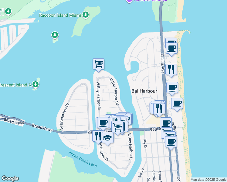 map of restaurants, bars, coffee shops, grocery stores, and more near 74 101st Street in Bay Harbor Islands