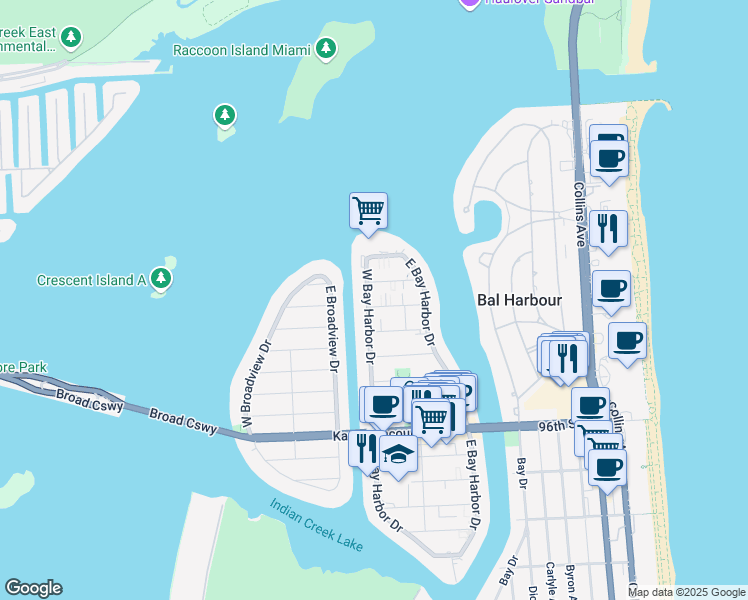 map of restaurants, bars, coffee shops, grocery stores, and more near 1164 101st Street in Bay Harbor Islands