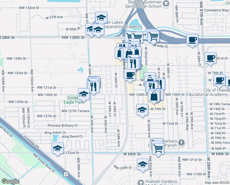 map of restaurants, bars, coffee shops, grocery stores, and more near 7601 West 34th Court in Hialeah