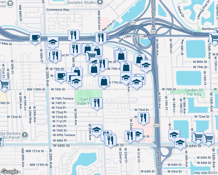 map of restaurants, bars, coffee shops, grocery stores, and more near 2337 West 76th Street in Hialeah