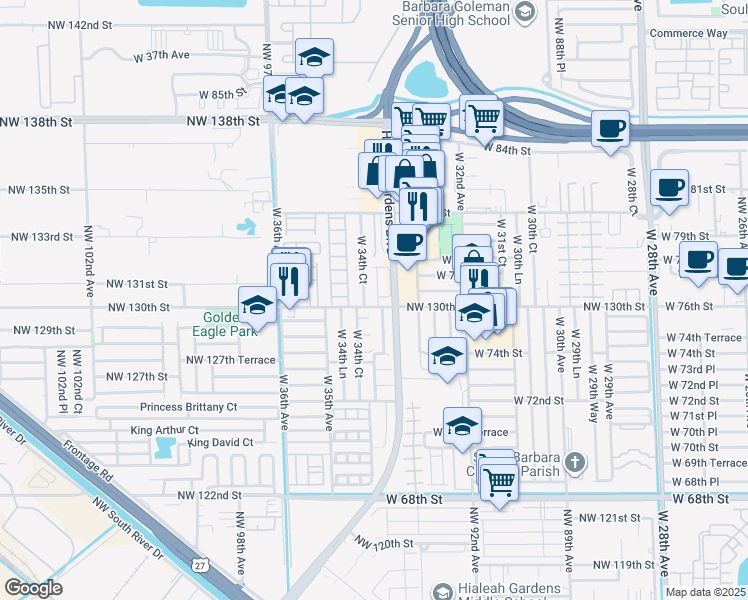 map of restaurants, bars, coffee shops, grocery stores, and more near 7601 West 34th Court in Hialeah