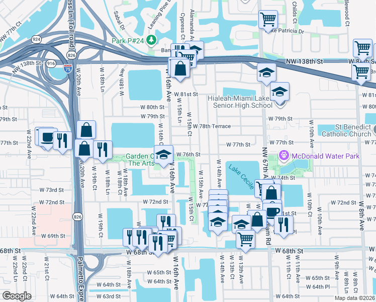map of restaurants, bars, coffee shops, grocery stores, and more near 1535 West 76th Street in Hialeah