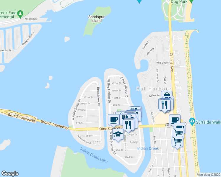 map of restaurants, bars, coffee shops, grocery stores, and more near 1164 101st Street in Bay Harbor Islands