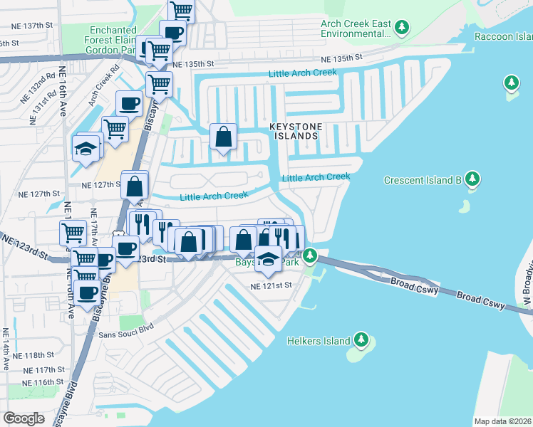map of restaurants, bars, coffee shops, grocery stores, and more near 2130 Alamanda Drive in North Miami