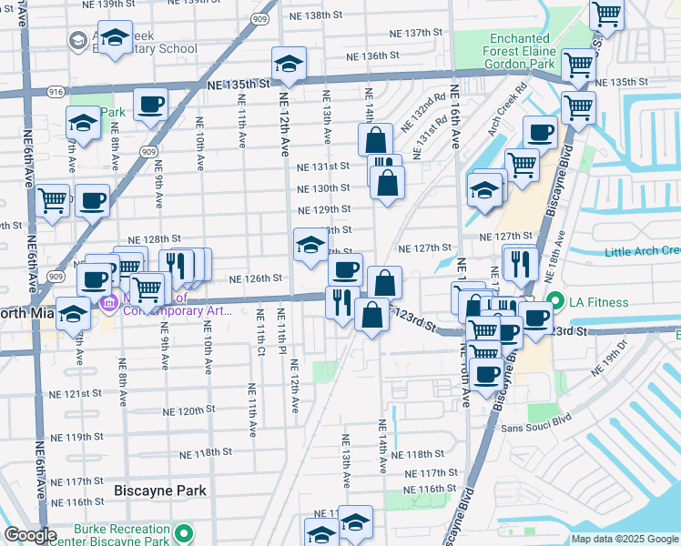 map of restaurants, bars, coffee shops, grocery stores, and more near 12501 Northeast 13th Avenue in North Miami