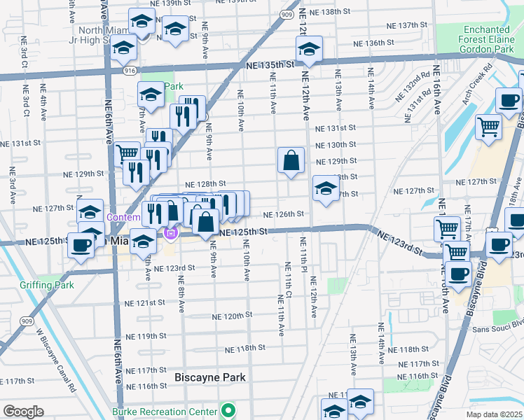 map of restaurants, bars, coffee shops, grocery stores, and more near 1005 Florida 922 in North Miami