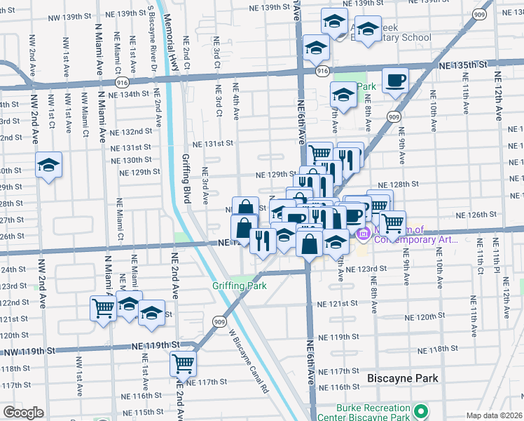 map of restaurants, bars, coffee shops, grocery stores, and more near 12605 Northeast 5th Avenue in North Miami