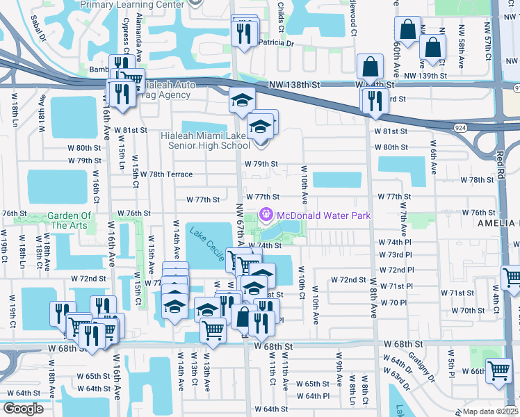 map of restaurants, bars, coffee shops, grocery stores, and more near 1135 West 76th Street in Hialeah