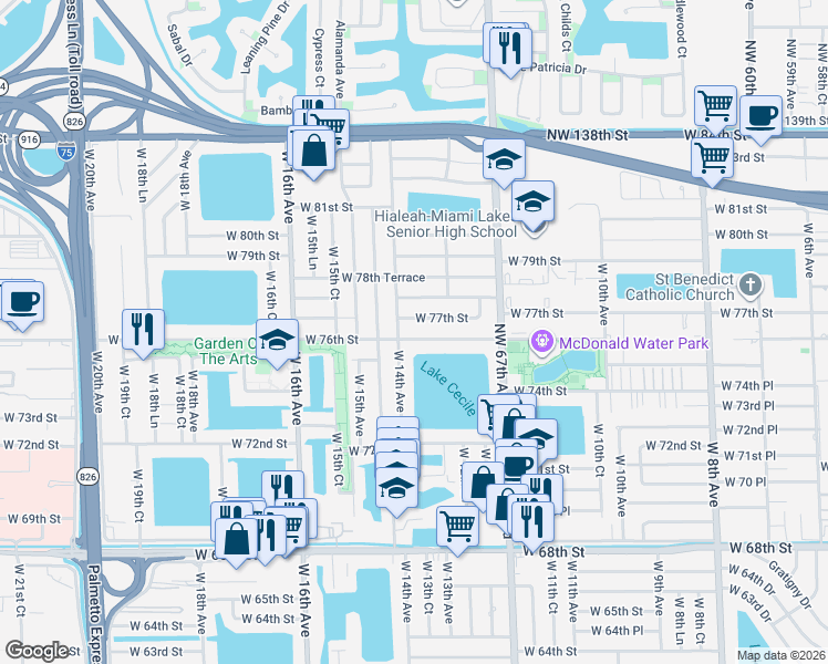 map of restaurants, bars, coffee shops, grocery stores, and more near 1388 West 76th Street in Hialeah