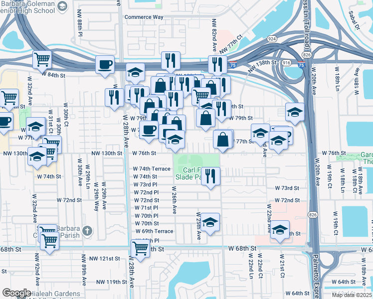 map of restaurants, bars, coffee shops, grocery stores, and more near 2589 West 76th Street in Hialeah