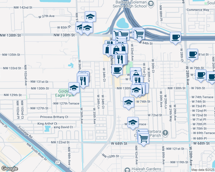 map of restaurants, bars, coffee shops, grocery stores, and more near 7601 West 34th Court in Hialeah