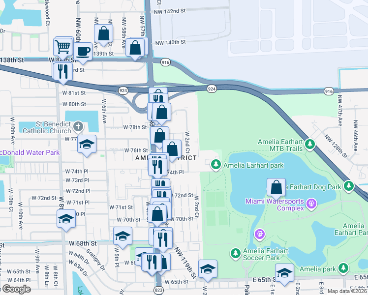 map of restaurants, bars, coffee shops, grocery stores, and more near 7550 W 2nd Ct in Hialeah
