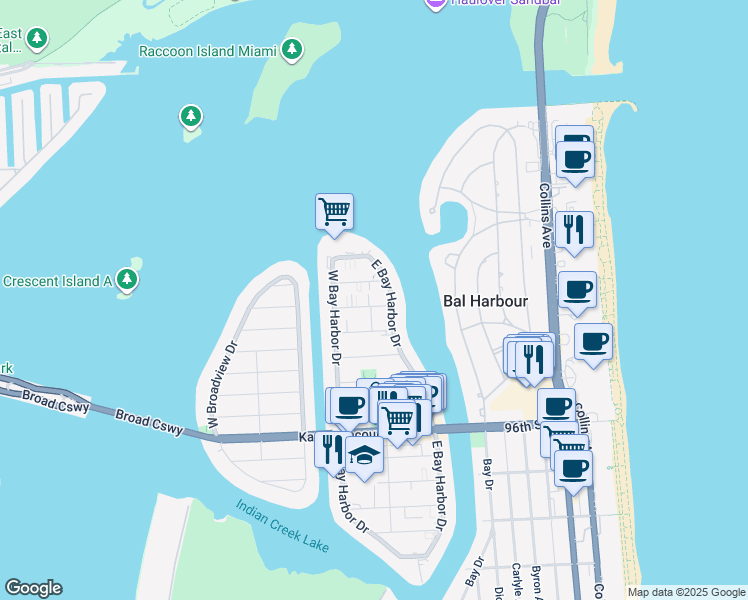 map of restaurants, bars, coffee shops, grocery stores, and more near 1113 101st Street in Bay Harbor Islands