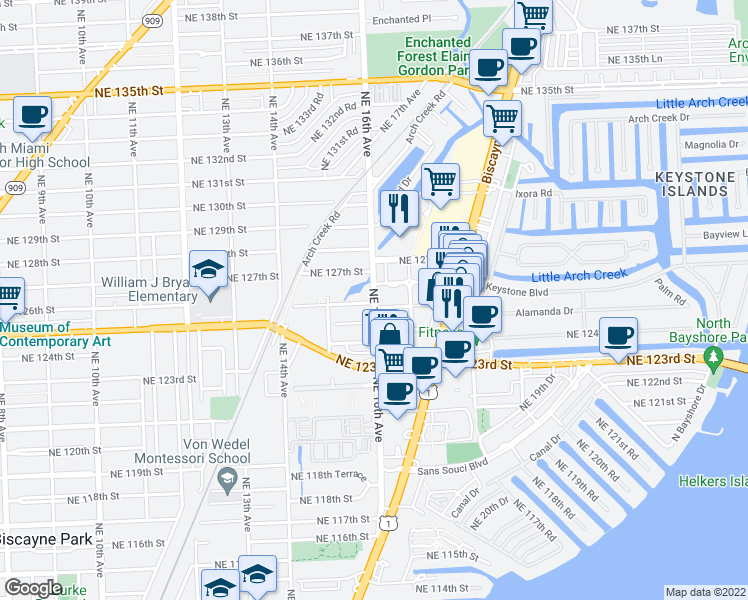 map of restaurants, bars, coffee shops, grocery stores, and more near 1620 Northeast 125th Street in North Miami
