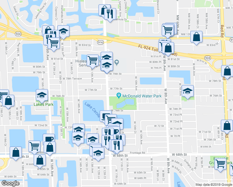 map of restaurants, bars, coffee shops, grocery stores, and more near 1135 West 76th Street in Hialeah