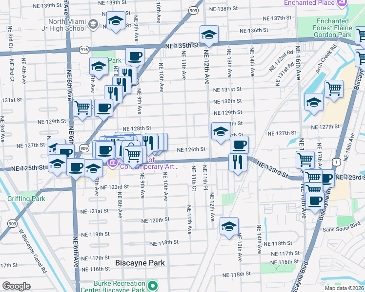 map of restaurants, bars, coffee shops, grocery stores, and more near 12610 Northeast 11th Avenue in North Miami