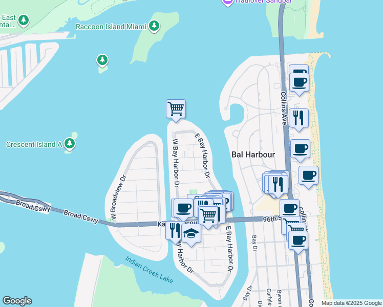 map of restaurants, bars, coffee shops, grocery stores, and more near 74 101st Street in Bay Harbor Islands