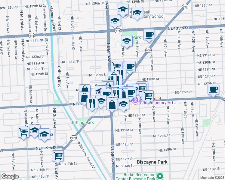 map of restaurants, bars, coffee shops, grocery stores, and more near in North Miami