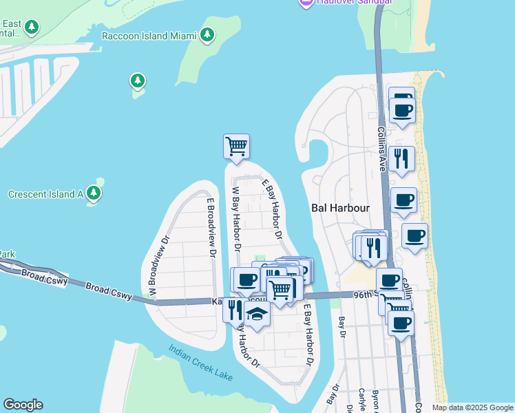 map of restaurants, bars, coffee shops, grocery stores, and more near 74 101st Street in Bay Harbor Islands