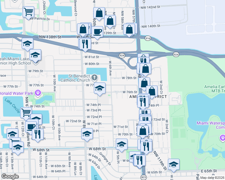 map of restaurants, bars, coffee shops, grocery stores, and more near 7597 West 5th Lane in Hialeah