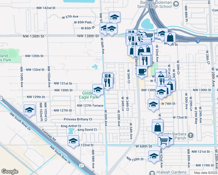 map of restaurants, bars, coffee shops, grocery stores, and more near 7663 West 36th Avenue in Hialeah