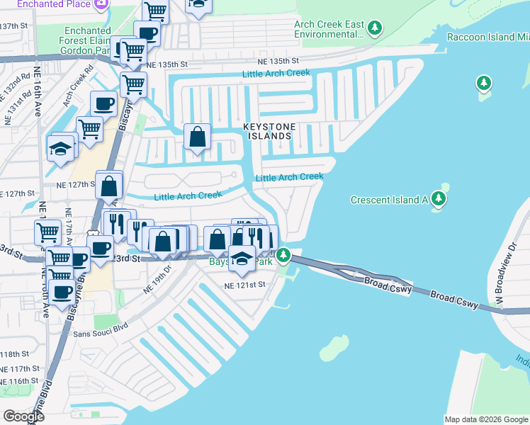 map of restaurants, bars, coffee shops, grocery stores, and more near 2190 Alamanda Drive in North Miami