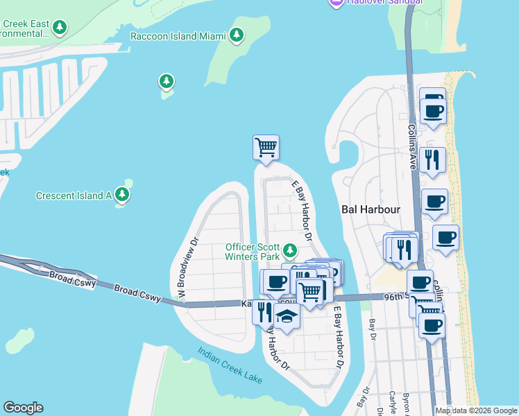 map of restaurants, bars, coffee shops, grocery stores, and more near 10161 East Broadview Drive in Bay Harbor Islands
